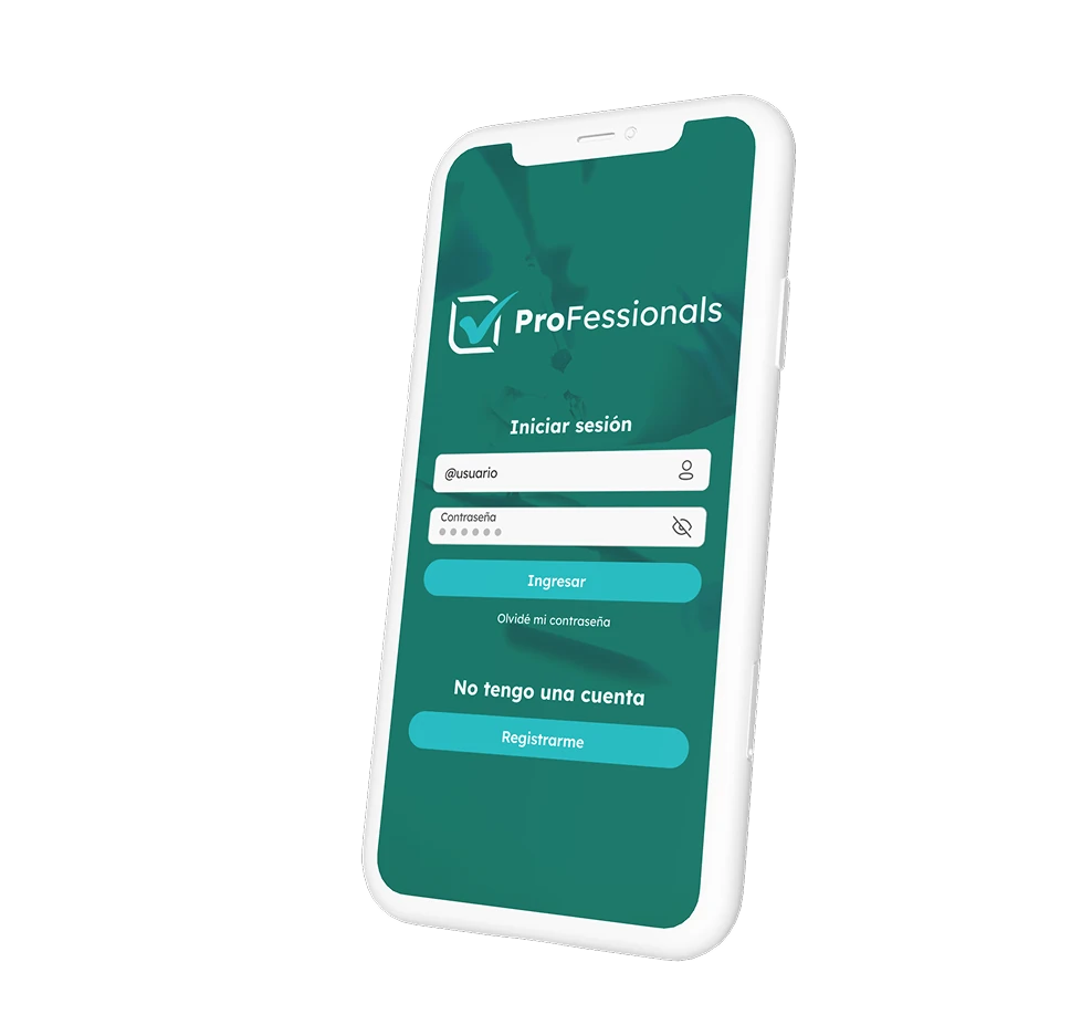 Mockup de ProFessionals App en celular mostrando pantalla de login para contratar gasistas, plomeros, electricistas y niñeras en Rosario